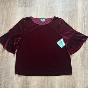 CeCe Velvet Bell-Sleeve Top in Burgundy